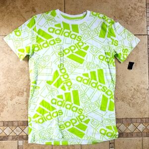 Adidas White and Green Short Sleeve Tee with Dynamic Logo Pattern
